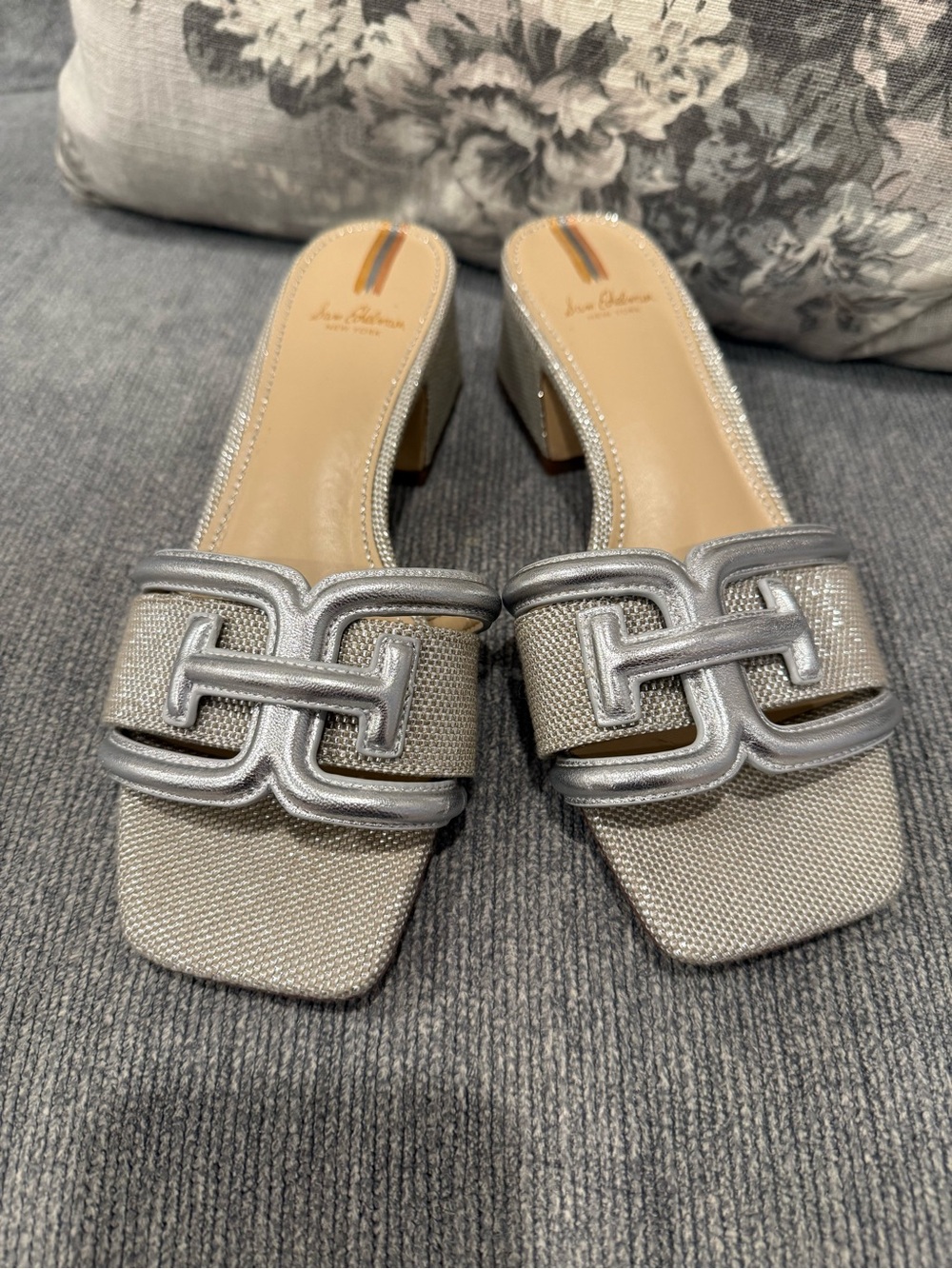Sam Edelman Silver Metallic Block Heel Slide Sandals Sz 7